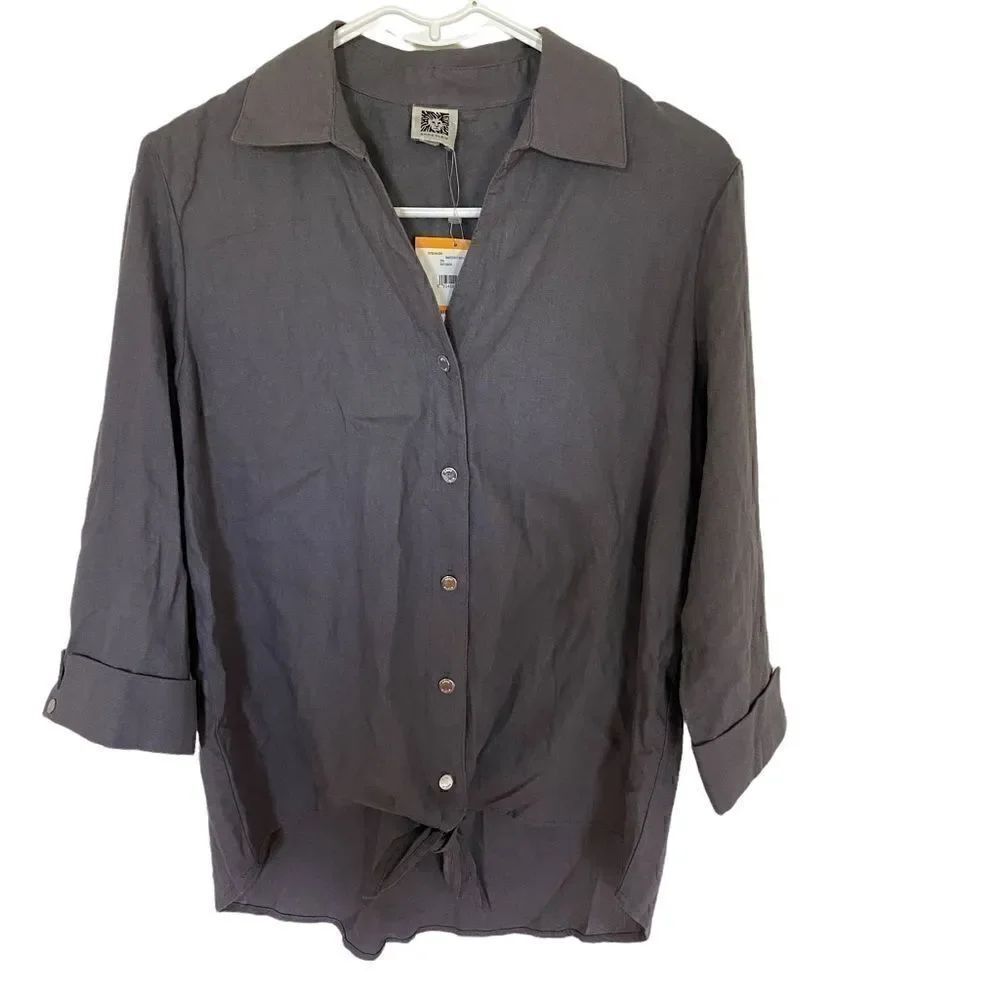Anne Klein NEW button up tie front collared 3/4 sleeve gray small blouse